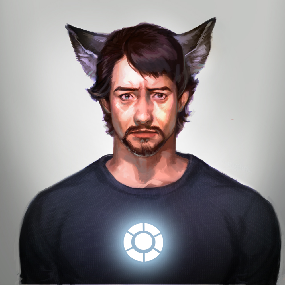 animal_ears, beard, black_hair, brown_eyes, cat_ears, facial_hair, kemonomimi_mode, male, marvel, mustache, novik, realistic, solo, tony_stark