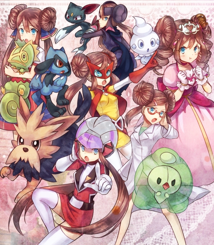 1girl, alternate_costume, alternate_hairstyle, bespectacled, blue_eyes, brown_hair, cosplay, double_bun