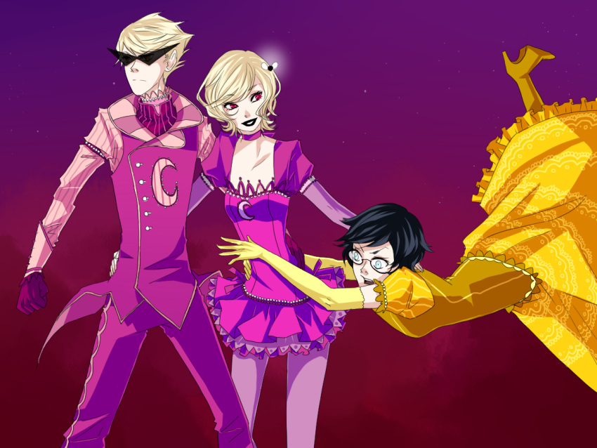 black_hair, black_lipstick, blonde_hair, blue_eyes, dirk_strider, dreamself, dress, glasses