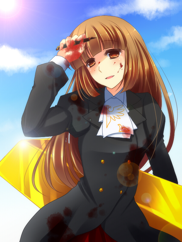 blood_on_face, brown_eyes, brown_hair, dress, gold, hime_cut, necktie, neon_ui