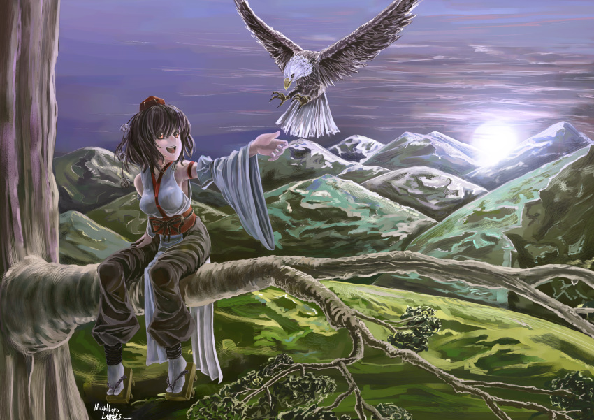 alternate_costume, animal, bird, black_hair, branch, cloud, clouds, detached_sleeves