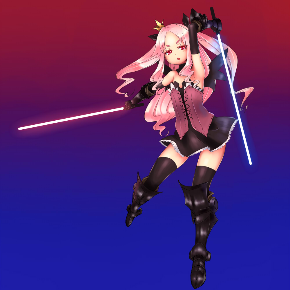 dress, elona, energy_sword, gloves, greaves, lightsaber, pink_hair, red_eyes, springpoppy, sword, thigh-highs, thighhighs, weapon, wings