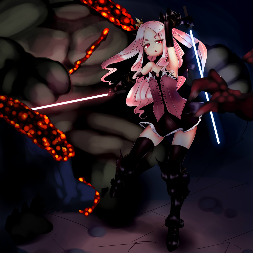 dress, elona, energy_sword, gloves, greaves, lightsaber, pink_hair, red_eyes