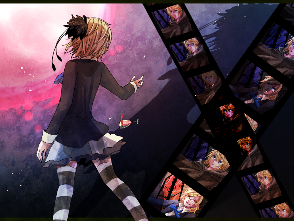 blonde_hair, flower, glare_(vocaloid), hair_flower, hair_ornament, kagamine_rin, night, semaru