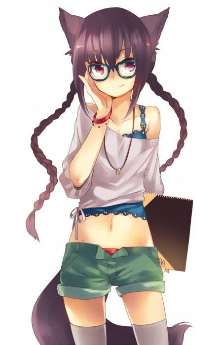 akr_et, animal_ears, bangs, bracelet, braid, breasts, cleavage, collarbone, glasses, jewelry, light_smile, long_hair, midriff, mound_of_venus, navel, necklace, notebook, off_shoulder, open_fly, original, purple_eyes, purple_hair, short_shorts, shorts, simple_background, solo, tail, thigh-highs, thighhighs, unzipped, very_long_hair, violet_eyes, zettai_ryouiki