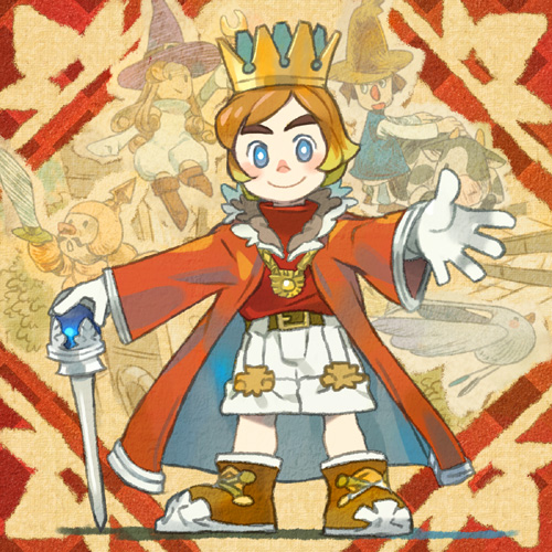 blue_eyes, corobo, cow, crown, gloves, grunt_soldier, hardworking_farmer, little_king's_story, little_king's_story, lowres, rainbow_wizard, sarmat, scepter, smile, sword, weapon