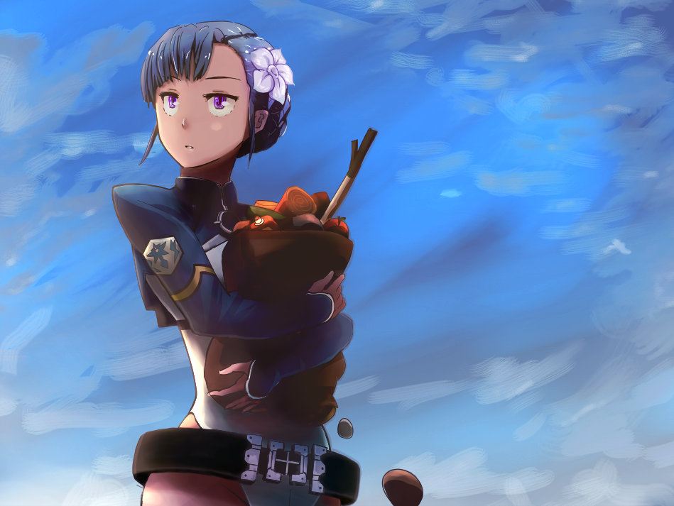belt, blue_hair, bodysuit, fin_e_ld_si_laffinty, flower, groceries, hair_flower, hair_ornament, na_(zooncopter), paper_bag, purple_eyes, rinne_no_lagrange, short_hair, solo, violet_eyes