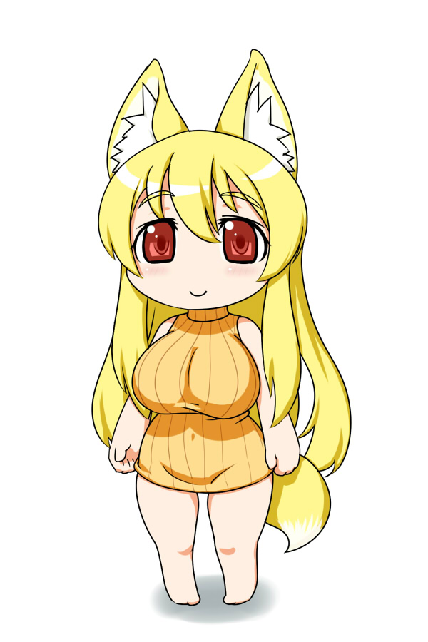 blonde_hair, bottomless, breasts, chibi, fox_ears, fox_tail, huge_breasts, kurotsuki_futon, original, red_eyes, ribbed_sweater, smile, sweater, tail