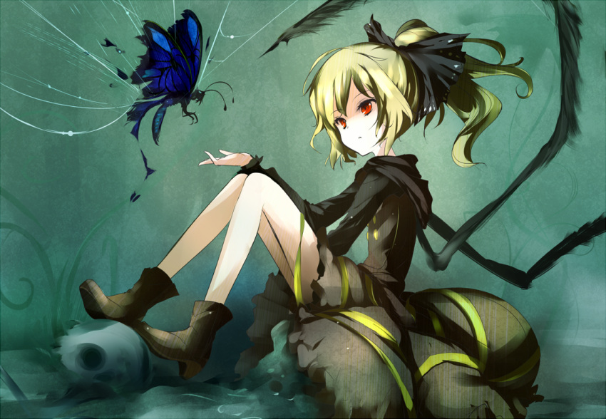 1girl, antennae, blonde_hair, bow, butterfly, butterfly_wings, grass, hair_bow, insect, kurodani_yamame, long_sleeves, loxodon, ponytail, red_eyes, short_hair, solo, spider_web, touhou, web, wings