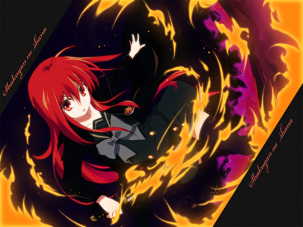 fire, long_hair, mokkei, red_eyes, red_hair, redhead, school_uniform, serafuku
