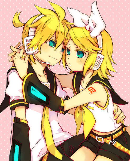 1girl, aqua_eyes, arms_around_neck, blonde_hair, bow, brother_and_sister, detached_sleeves, hair_bow