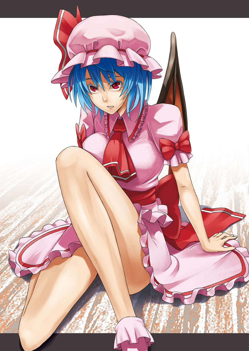 adult, bad_id, bat_wings, blue_hair, breasts, hat, highres, kuramunatchu