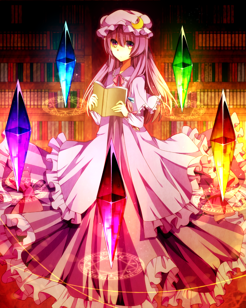 1girl, blush, book, bookshelf, bow, crescent, crystal, dress