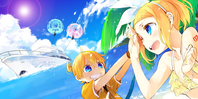 1girl, beach, bikini, blonde_hair, blue_eyes, boat, brother_and_sister, hair_ornament, hair_ribbon, hose, kagamine_len, kagamine_rin, parasailing, ribbon, short_hair, siblings, swimsuit, twins, vocaloid, water, yukkii