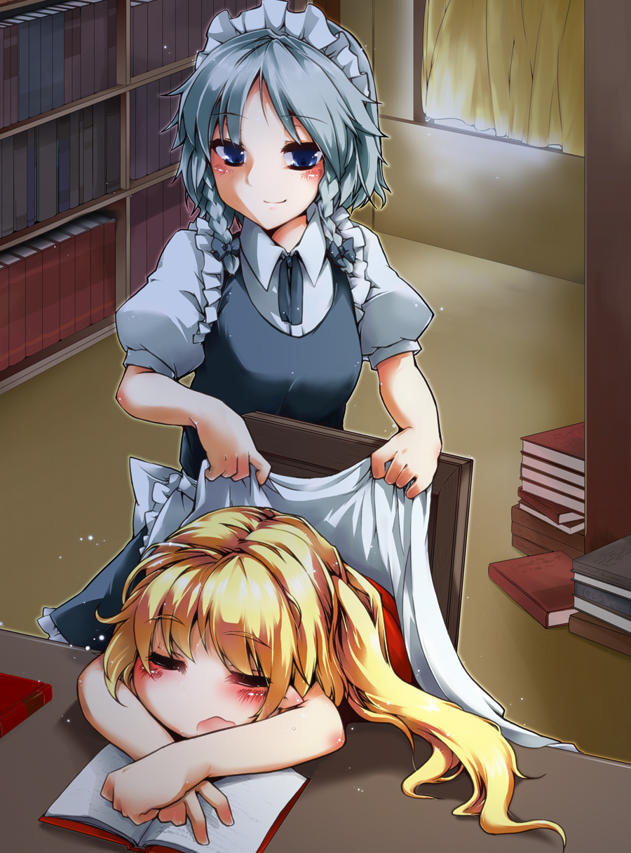 apron, blanket, blonde_hair, blue_eyes, blush, book, bookshelf, braid