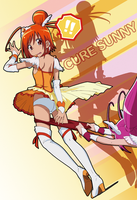 2girls, accident, ass, bike_shorts, cure_happy, cure_sunny, falling, head_wings