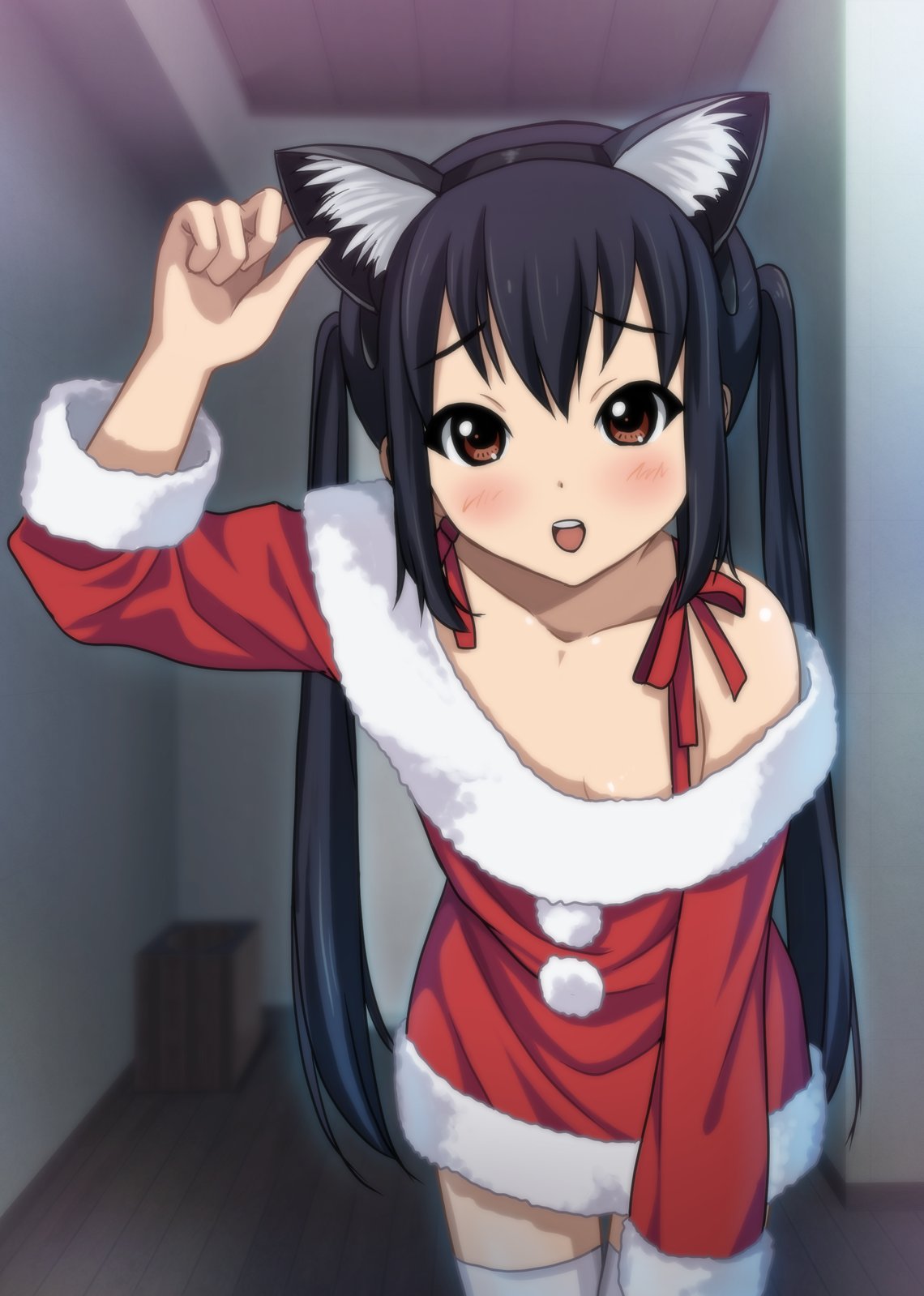 :d, animal_ears, black_hair, blush, brown_eyes, cat_ears, down_blouse, hairband