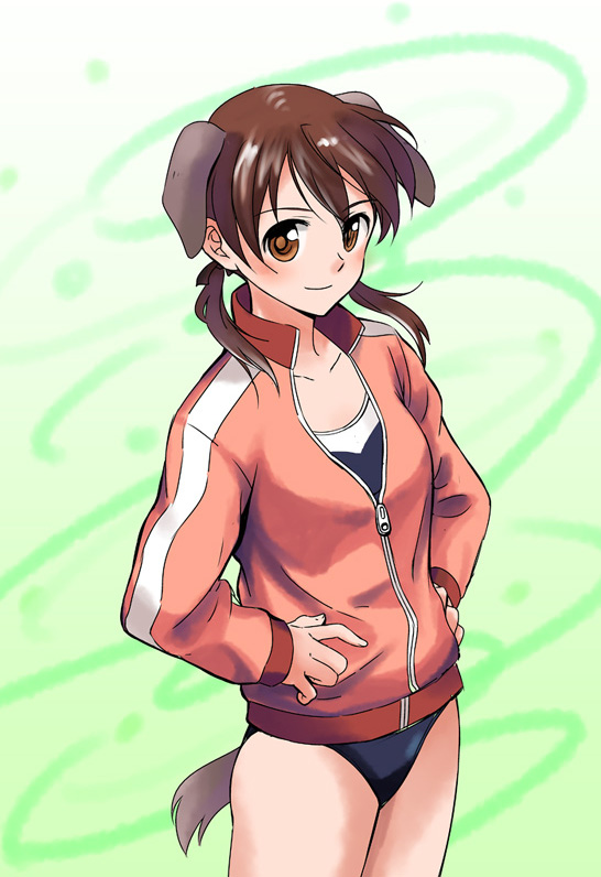 animal_ears, blush, breasts, brown_eyes, brown_hair, cosplay, dog_ears, dog_tail, gertrud_barkhorn, hands_on_hips, kyouno_madoka, kyouno_madoka_(cosplay), looking_at_viewer, niina_ryou, one-piece_swimsuit, rinne_no_lagrange, short_hair, smile, solo, strike_witches, swimsuit, swimsuit_under_clothes, tail, track_jacket, twintails