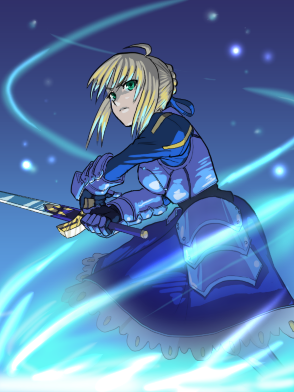 ahoge, armor, armored_dress, blonde_hair, dress, excalibur, fate/stay_night, fate_(series)