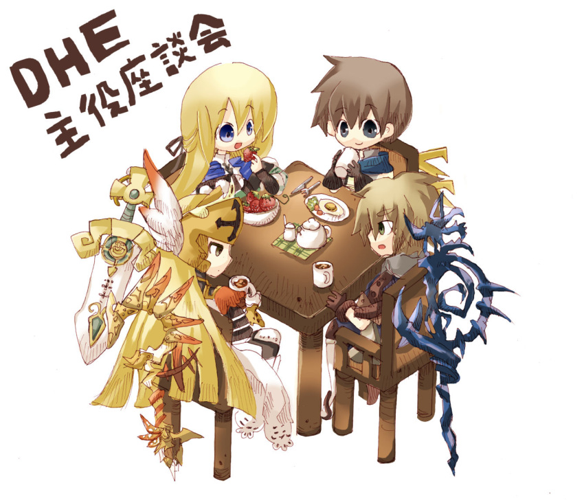 2boys, 2girls, blonde_hair, blue_eyes, chair, ecthel, food, fork