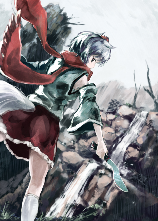 1girl, alternate_weapon, animal_ears, detached_sleeves, hat, inubashiri_momiji, knife, kukri