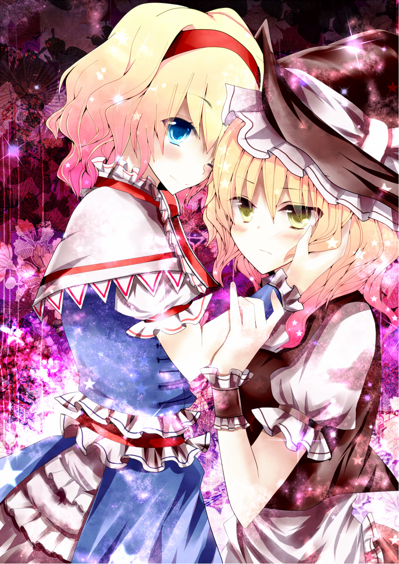 alice_margatroid, blonde_hair, blue_eyes, bow, capelet, hairband, hand_on_another's_face, hand_on_another's_face