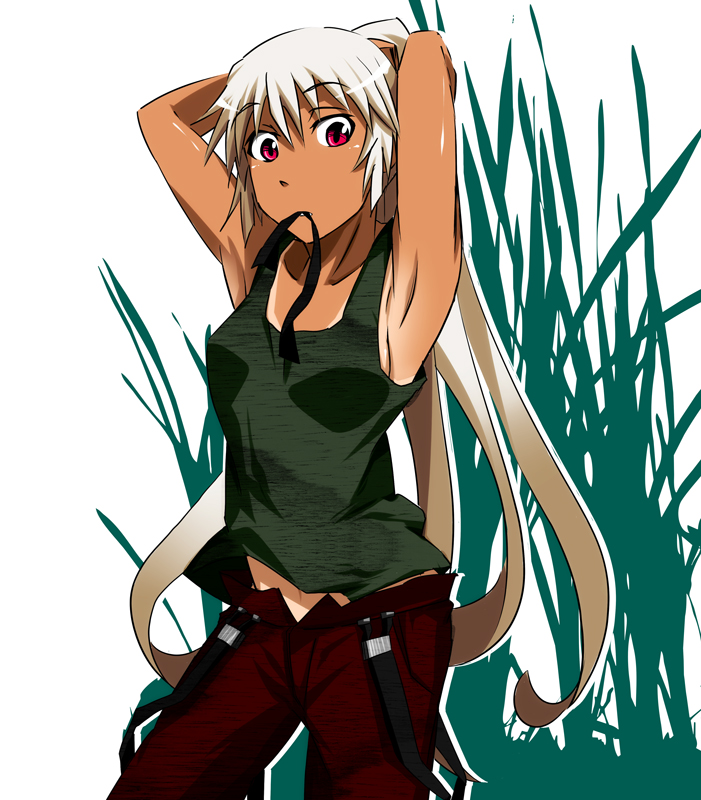 adjusting_hair, armpits, arms_up, fujiwara_no_mokou, long_hair, makoto_jon, mouth_hold, no_bra, pants, ponytail, red_eyes, silver_hair, solo, suspenders, tan, tanline, touhou, very_long_hair