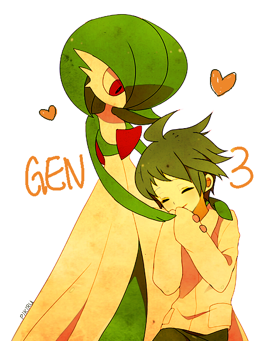 child, closed_eyes, gardevoir, green_hair, height_difference, male, mitsuru_(pokemon), pikiru