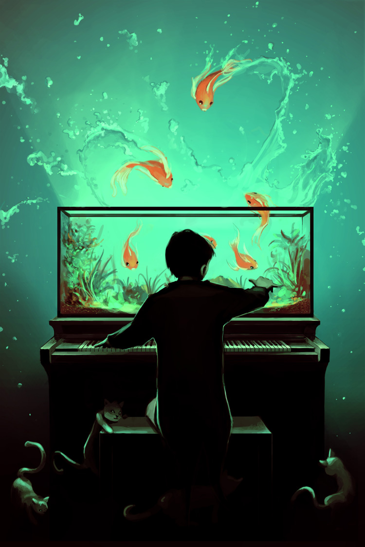 cat, child, cyril_rolando, fish, instrument, original, piano, realistic, solo, water