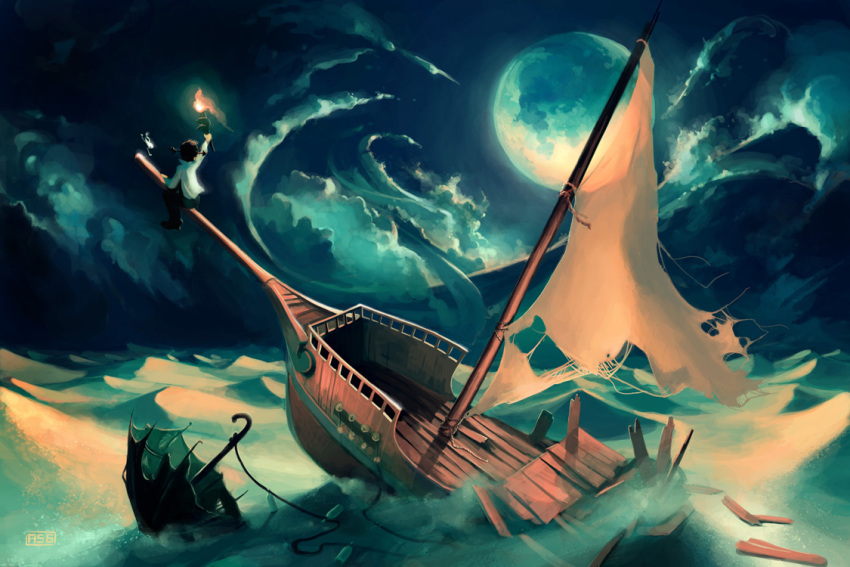 boat, child, cloud, clouds, cyril_rolando, fire, moon, original