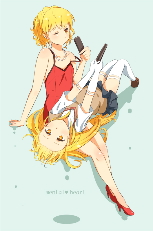 2girls, blonde_hair, cellphone, dress, high_heels, jewelry, kneehighs, long_hair