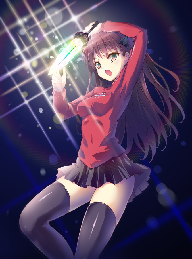 black_hair, black_legwear, bow, dagger, fate/stay_night, fate_(series), green_eyes, hair_bow