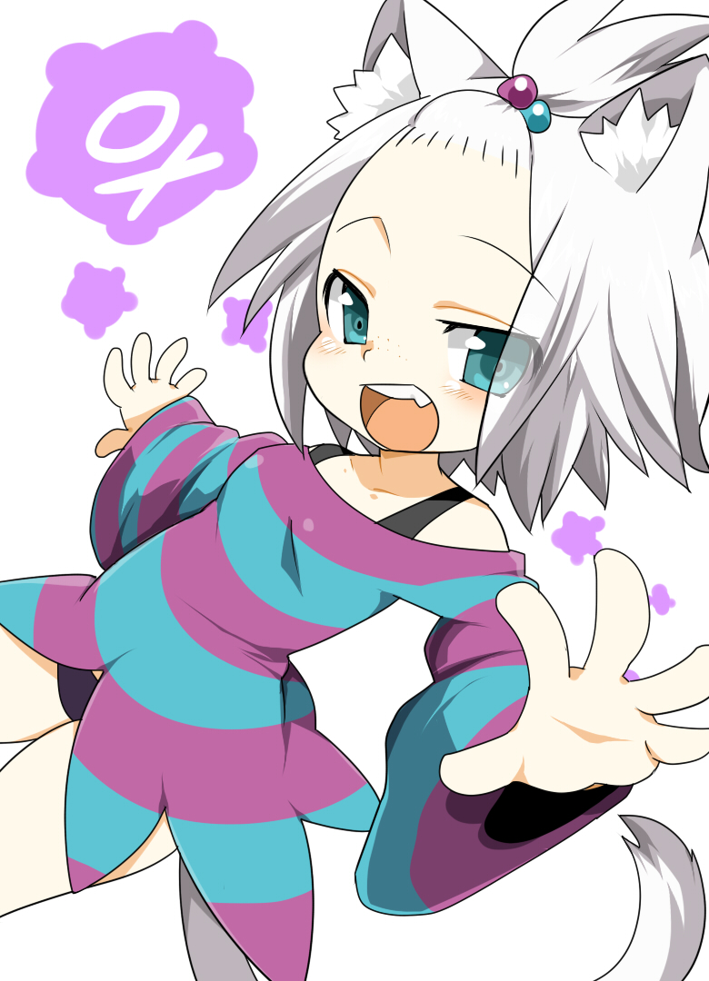animal_ears, blue_eyes, cat_ears, cat_tail, dress, hair_bobbles, hair_ornament, homika_(pokemon)