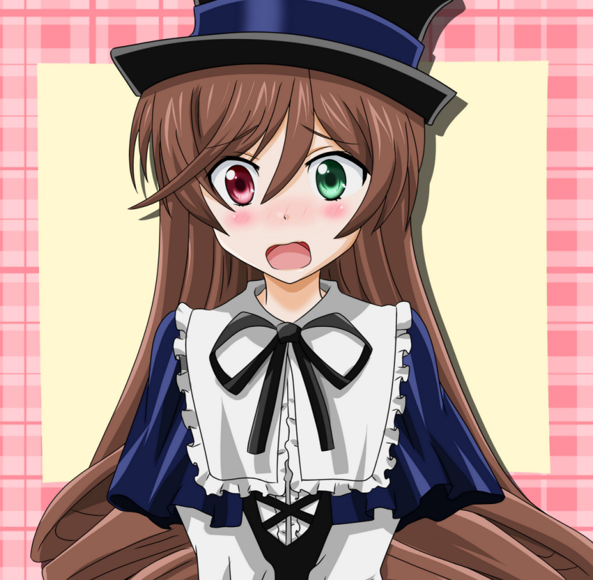 blush, brown_hair, cosplay, green_eyes, hat, heterochromia, long_hair, open_mouth, red_eyes, rozen_maiden, solo, souseiseki, souseiseki_(cosplay), suiseiseki, takumi_(rozen_garten), very_long_hair