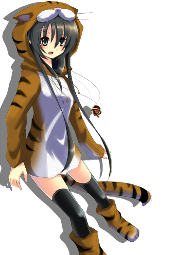 black_hair, boots, brown_eyes, costume, hoodie, jewelry, long_hair, minipoyo