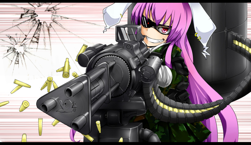 1girl, animal_ears, bullet, bunny_ears, bunnygirl, earrings, gatling_gun, glasses
