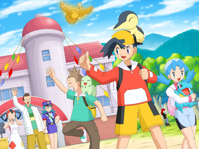 bag, bangs, bike_shorts, bird, chikorita, cyndaquil, forest, glasses, ho-oh, jun'ichi_(pokemon), junsaa_(pokemon), kenta_(pokemon), marina_(pokemon), mother_(pokemon), mountain, nature, pokemoa, pokemon, pokemon_(anime), pokemon_(creature), police_officer, silver_(pokemon), sky, standing_on_one_leg, totodile, tree, twintails, utsugi_(pokemon), walking, waving