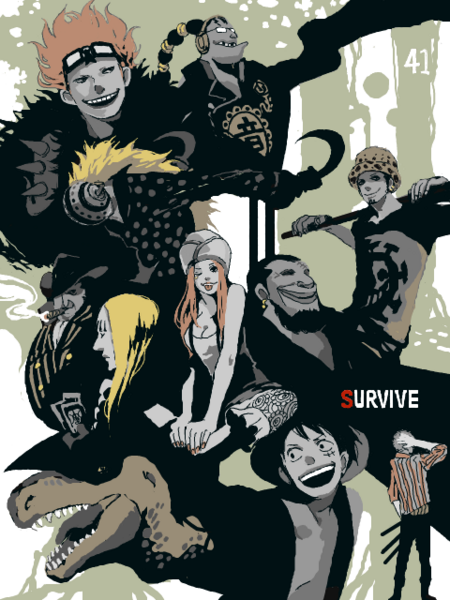 basil_hawkins, black_hair, blonde_hair, capone_gang_bege, dinosaur, eine-lilie, eustass_captain_kid, hat, jewelry_bonnie, killer_(one_piece), monkey_d_luffy, one_piece, piece), redhead, roronoa_zoro, scratchmen_apoo, trafalgar_law, urouge, x_drake