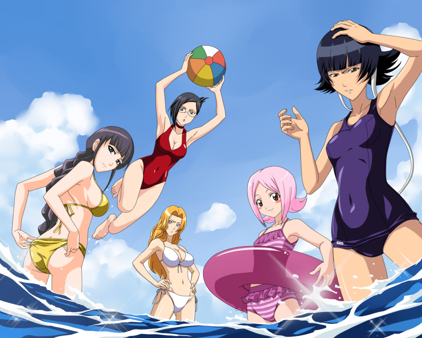 absurdres, adjusting_swimsuit, ass, ball, beach, beachball, bikini, black_hair