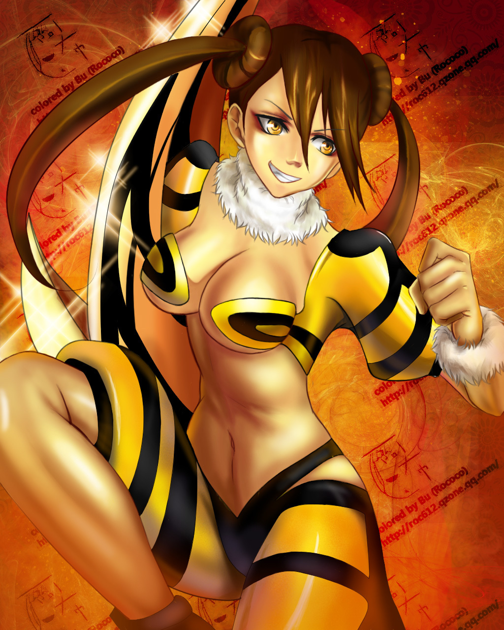 bleach, bleach:_zanpakutou_ibun_hen, breasts, brown_hair, cleavage, fur_trim, grin, guu@madao_nuno, highres, large_breasts, long_hair, midriff, personification, smile, solo, suzumebachi, twintails, yellow_eyes