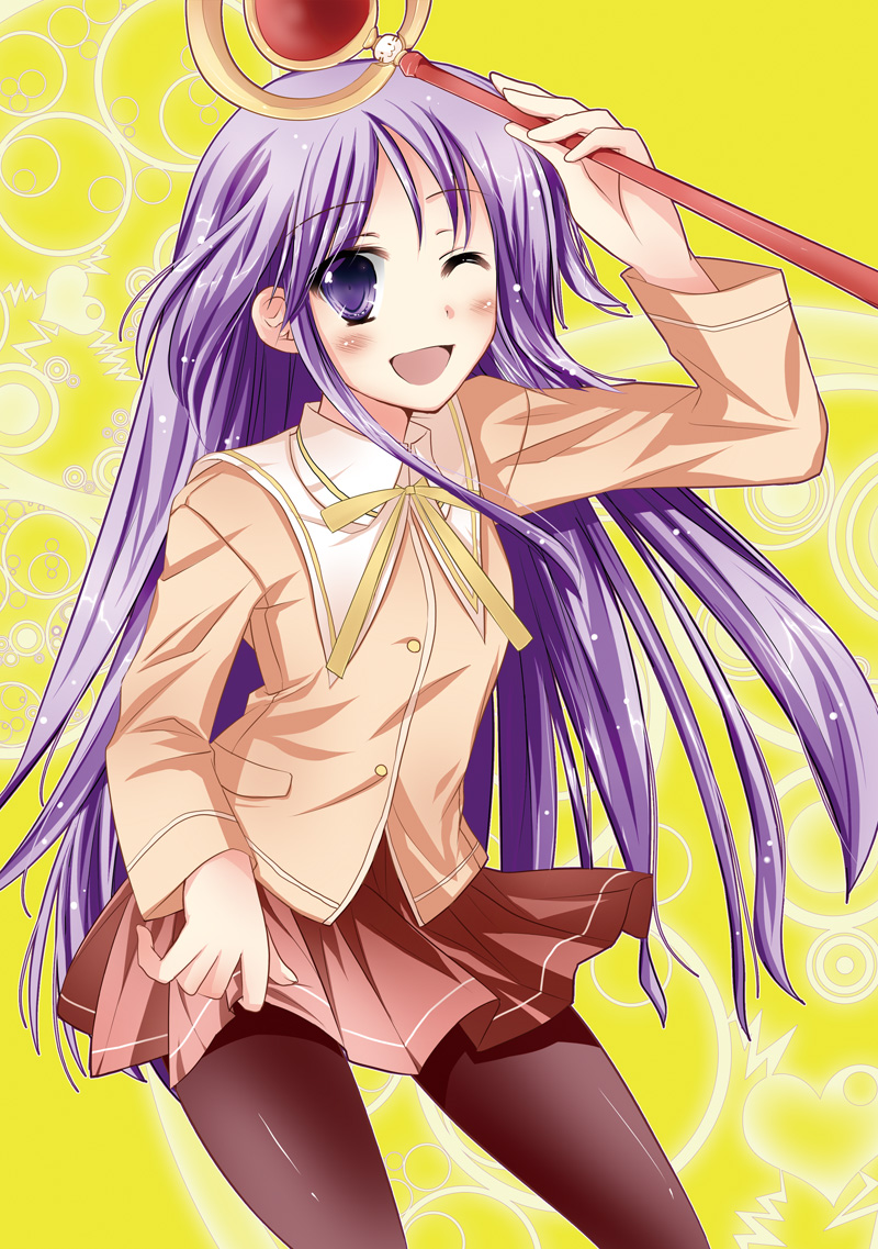 blush, crossdressing, happiness, happiness!, long_hair, minakami_kurena, pantyhose, purple_eyes, purple_hair, school_uniform, skirt, trap, violet_eyes, wand, watarase_jun, wink