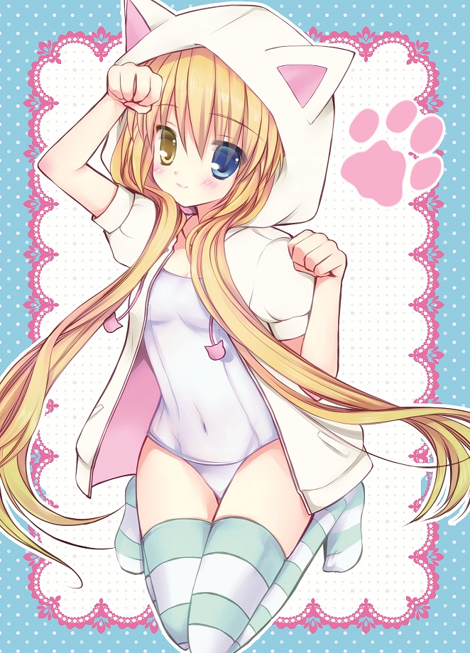 blonde_hair, blue_eyes, cat_hood, heterochromia, hood, long_hair, looking_at_viewer, nakatsu_shizuru, no_eyepatch, one-piece_swimsuit, paw_pose, rewrite, school_swimsuit, shira_ichigo_(ichigohou), smile, solo, striped, striped_legwear, swimsuit, thigh-highs, thighhighs, white_school_swimsuit, yellow_eyes