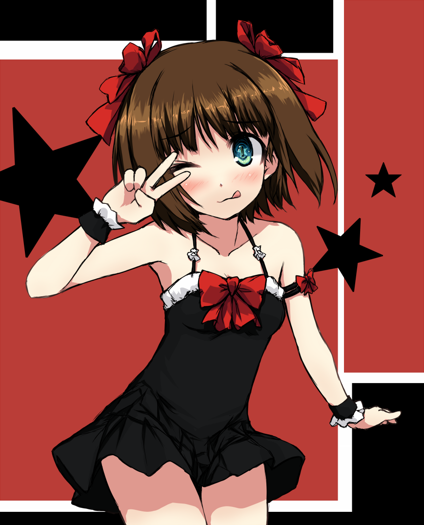 amami_haruka, aqua_eyes, asterisk_(artist), bare_shoulders, blush, bow, brown_hair, collarbone