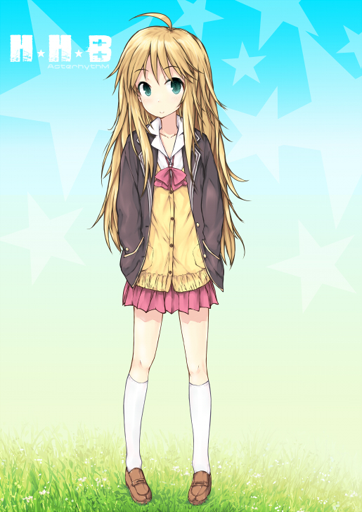 ahoge, asterisk_(artist), blazer, blonde_hair, cardigan, green_eyes, hands_in_pockets, hoshii_miki