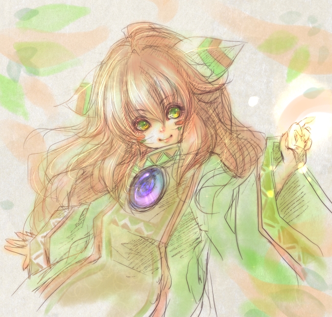 androgynous, facepaint, feathers, gem, green_eyes, hair_feathers, long_hair, male