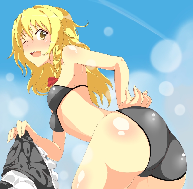 armpits, ass, bikini, blonde_hair, blush, bow, braid, hair_bow
