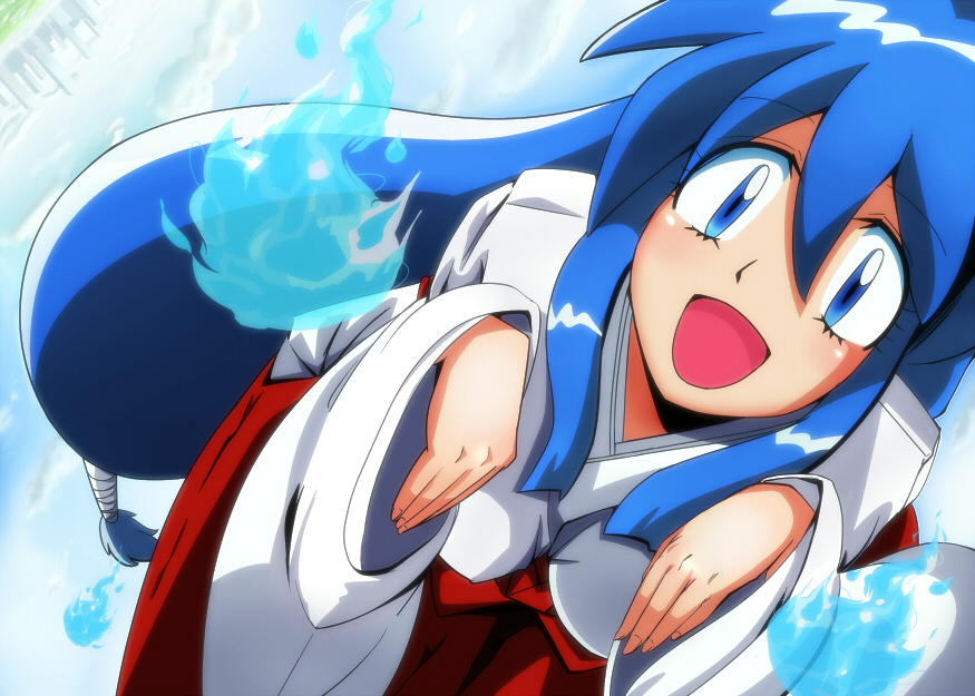 blue_hair, dutch_angle, ghost, ghost_sweeper_mikami, himuro_kinu, hitodama, japanese_clothes, long_hair