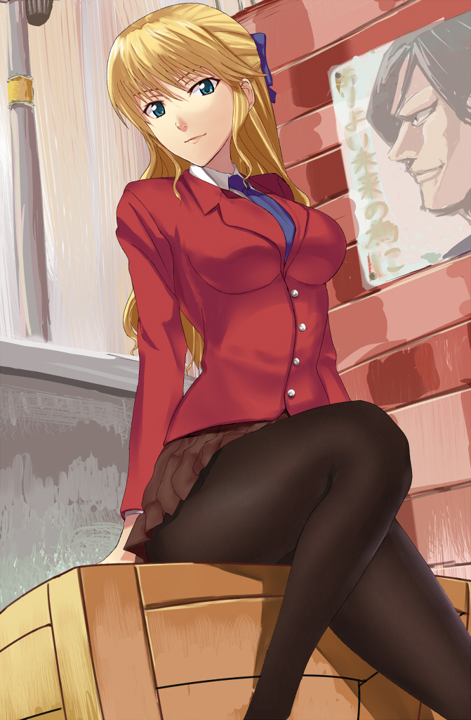 aqua_eyes, bad_proportions, blazer, blonde_hair, breasts, cameo, crate, giotto_severus