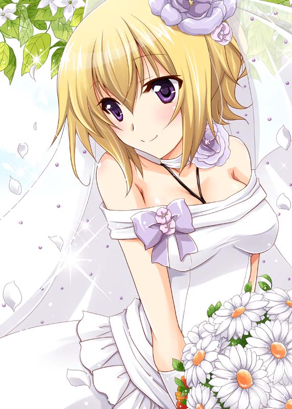1girl, blonde_hair, blush, bouquet, bow, bridal_veil, charlotte_dunois, dress