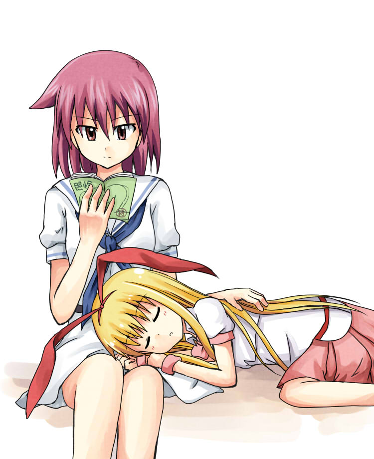 amae_koromo, blonde_hair, book, hairband, long_hair, miyanaga_teru, multiple_girls, reading, red_hair, redhead, saki, short_hair, sleeping, sotoai, wristband